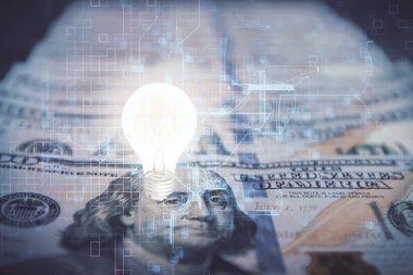 Arka planda Amerikan Doları 'na çekilen ampulün iki katı yansıması. Fikir kavramı.