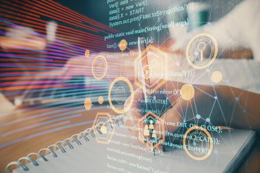 Veri temalı çizimin arka plan yazan insanların üzerine çifte pozlanması. Teknoloji kavramı