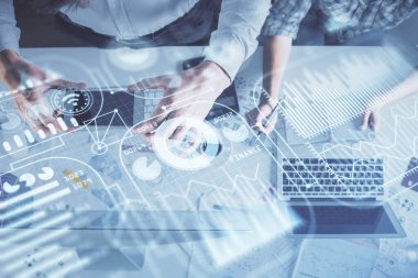 Kadın ve erkeğin birlikte çalışması ve teknoloji temalı çizimler. Bilgisayar arkaplanı. Üst Manzara. Yüksek teknoloji konsepti.