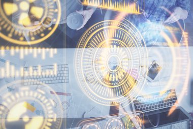 Kadın ve erkeğin birlikte çalışması ve teknoloji temalı çizimler. Bilgisayar arkaplanı. Üst Manzara. Yüksek teknoloji konsepti.