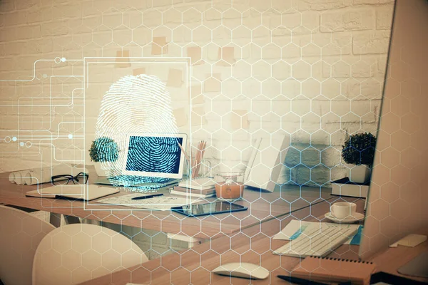 Double exposure of finger print and office interior background. Concept of security.