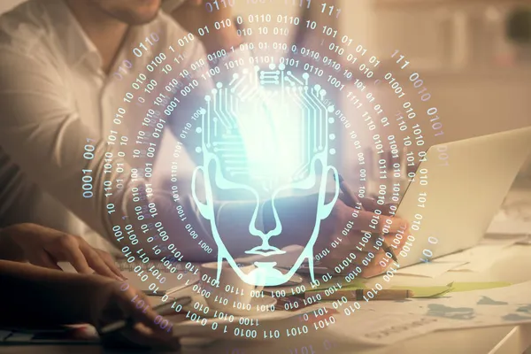 Double Exposure Man Woman Working Together Brain Drawing Hologram Intellectual — Stock Photo, Image