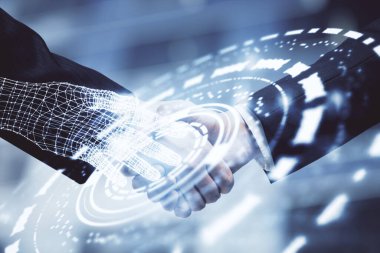 İki kişinin veri temalı hologramı ve el sıkışması. Bilişim endüstrisi konseptinde ortaklık.