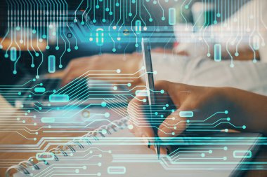 Veri temalı çizimin arka plan yazan insanların üzerine çifte pozlanması. Teknoloji kavramı