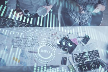 Kadın ve erkeğin birlikte çalışması ve teknoloji temalı çizimler. Bilgisayar arkaplanı. Üst Manzara. Yüksek teknoloji konsepti.