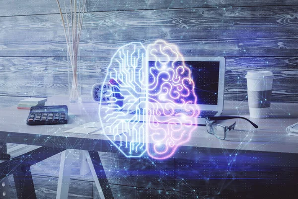 Подвійна Експозиція Малювання Мозку Внутрішнього Фону Офісу Концепція Технології Даних — стокове фото
