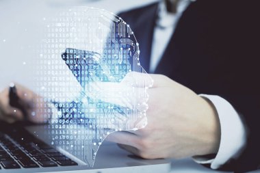 Bir adamın elini tutarken ve dijital bir cihaz ve beyin hologramı çizerken çift pozlama. Veri kavramı.