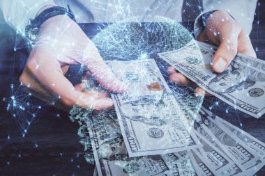 Beynin holograma maruz kalması, bize dolar banknotları ve insan eli çizmesi. Ai yatırım konsepti
