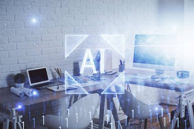 Veri teması çizimi ve ofis içi arka planına çifte maruz kalma. Teknoloji kavramı.