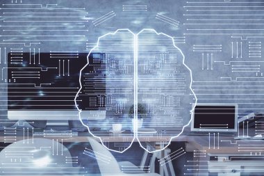 Beyin çizimine ve ofis içi arka planına çoklu maruz kalma. Veri teknolojisi kavramı.