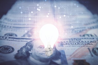 Arka planda Amerikan Doları 'na çekilen ampulün iki katı yansıması. Fikir kavramı.