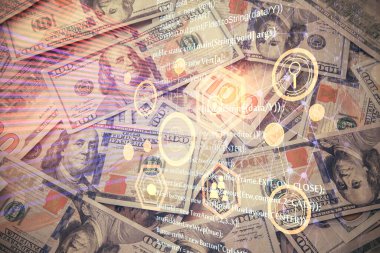 İki kez veri temasına maruz kalınca dolar banknotları arka planda kalıyor. Teknoloji konsepti.