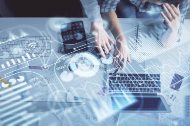 Kadın ve erkeğin birlikte çalışması ve teknoloji temalı çizimler. Bilgisayar arkaplanı. Üst Manzara. Yüksek teknoloji konsepti.