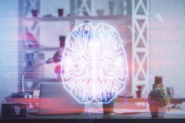 Double exposure of brain drawing and office interior background. Concept of data technology.