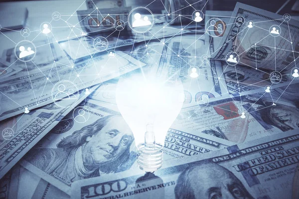 Dubbel Exponering Glödlampa Ritning Över Usa Dollar Sedel Bakgrund Begreppet — Stockfoto