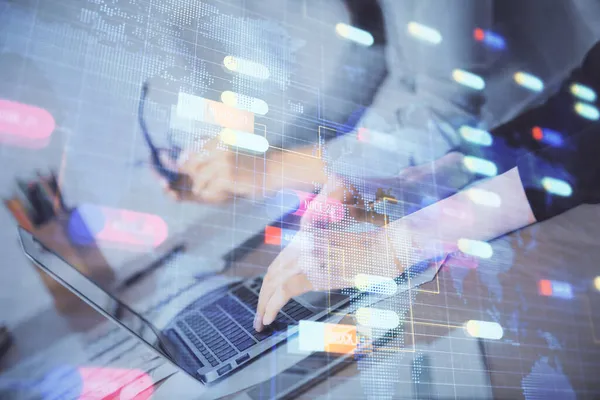 Doble Exposición Las Manos Las Mujeres Que Trabajan Computadora Tema — Foto de Stock