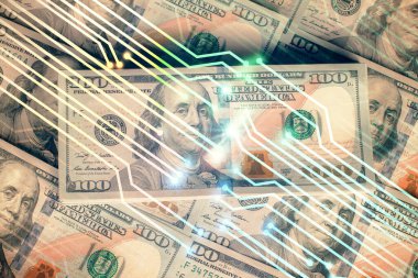 İki kez veri temasına maruz kalınca dolar banknotları arka planda kalıyor. Teknoloji konsepti.