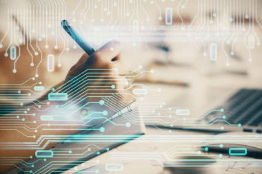 Veri temalı çizimin arka plan yazan insanların üzerine çifte pozlanması. Teknoloji kavramı