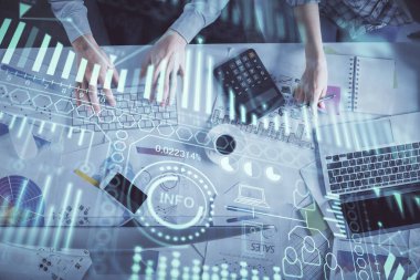 Kadın ve erkeğin birlikte çalışması ve teknoloji temalı çizimler. Bilgisayar arkaplanı. Üst Manzara. Yüksek teknoloji konsepti.