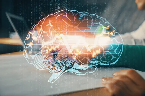 Doble Exposición Del Cerebro Dibujando Sobre Personas Que Toman Notas — Foto de Stock