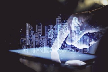 Dijital bir cihaz ve şehir çizimi kullanarak insanın ellerini tutarken çift pozlama.