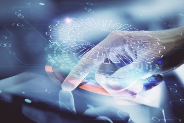 Dijital bir cihaz ve veri temalı çizim kullanan bir adamın el ele tutuşması. Yenilik kavramı.