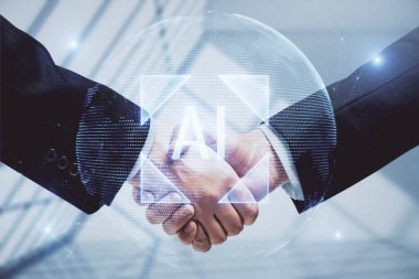 İki kişinin veri temalı hologramı ve el sıkışması. Bilişim endüstrisi konseptinde ortaklık.