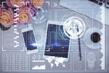 Çalışma masası üzerinde çoklu teknoloji temalı çizim. Üst Manzara. Küresel veri analiz kavramı.