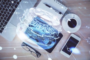 Çalışma masasının üzerine teknoloji teması çizimi çifte pozlama. Üst Manzara. Küresel veri analiz kavramı.