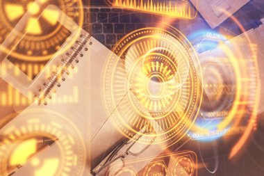 Teknoloji temalı çizimlerin çoklu pozu telefon ile masanın üzerinde. Üst Manzara. Yüksek teknoloji kavramı.