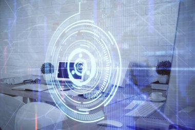 Veri teması çizimi ve ofis içi arka planına çifte maruz kalma. Teknoloji kavramı.