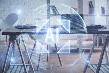 Veri teması çizimi ve ofis içi arka planına çoklu maruz kalma. Teknoloji kavramı.