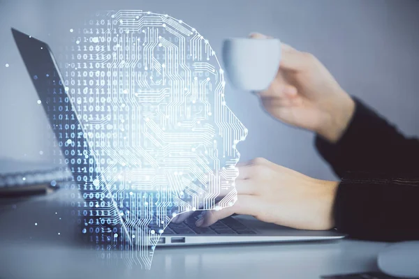Multi Exposure Woman Hands Working Computer Human Brain Hologram Drawing — Stock Photo, Image
