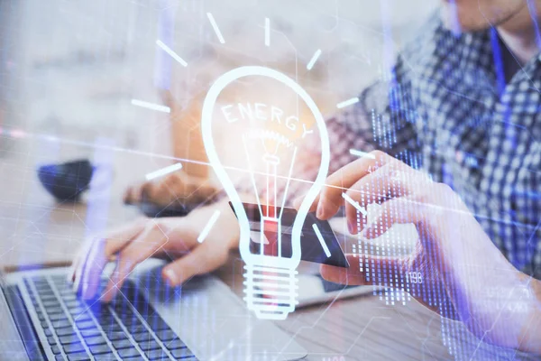 Double Exposure Man Hands Holding Credit Card Bulb Drawing Idea — Stock Photo, Image