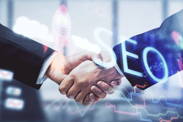 Double Exposure Seo Hologram Handshake Two Men Search Optimization Concept — Stock Photo, Image