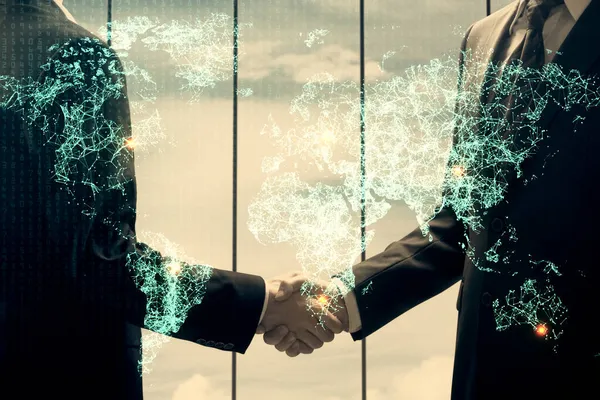 Dubbel Exponering Sociala Nätverk Tema Hologram Och Handslag Två Män — Stockfoto