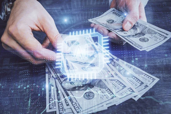 Multi Exposição Tecnologia Que Desenha Holograma Nós Contas Dólares Mãos — Fotografia de Stock
