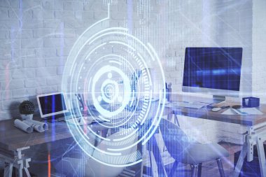 Veri teması çizimi ve ofis içi arka planına çifte maruz kalma. Teknoloji kavramı.