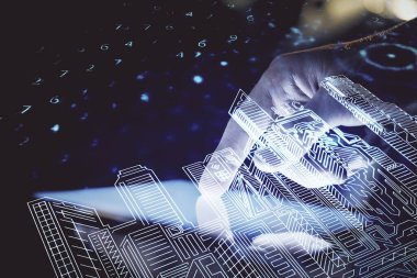 Dijital bir cihaz ve şehir çizimi kullanarak insanın ellerini tutarken çift pozlama.