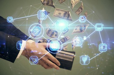 Sosyal ağ temasının çoklu pozlandırılması hologram, Amerikan dolarları ve insan eli.