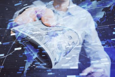 Teknolojinin iki katına çıkması hologram, dolar banknotları ve insan eli. Veri kavramı