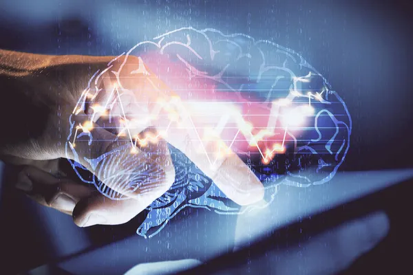 Double Exposure Man Hand Holding Using Digital Device Brain Hologram — Stock Photo, Image