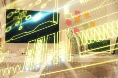 Eğitim teması çizimi ve ofis içi arka planına çifte maruz kalma. Bilim kavramı.