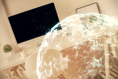 Sosyal ağ temalı çizim ve ofis içi arka planına çift pozlama. Ağ kavramı.