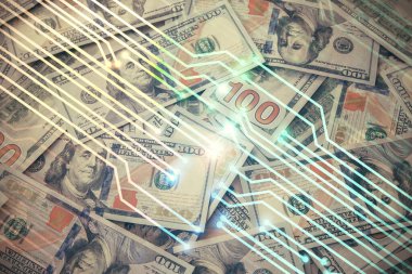 İki kez veri temasına maruz kalınca dolar banknotları arka planda kalıyor. Teknoloji konsepti.