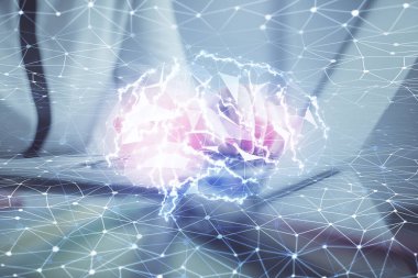 Bilgisayar ve insan beyin hologramı çizimleri üzerinde çalışan kadın ellerine çok maruz kaldı. Ai teknoloji konsepti.