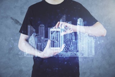 Dijital bir cihaz ve şehir çizimi kullanarak insanın ellerini tutarken çift pozlama.