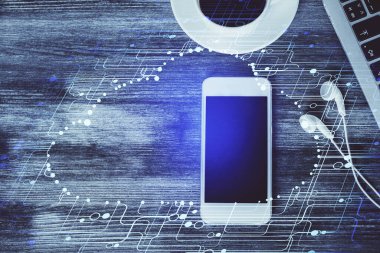 Çalışma masasının üzerine teknoloji teması çizimi çifte pozlama. Üst Manzara. Küresel veri analiz kavramı.