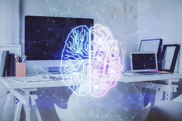 脳の図面とオフィスの内部の背景の二重露出 データ技術の概念 — ストック写真