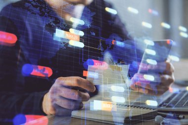 Dijital bir cihaz ve veri temalı çizim kullanan bir adamın el ele tutuşması. Yenilik kavramı.